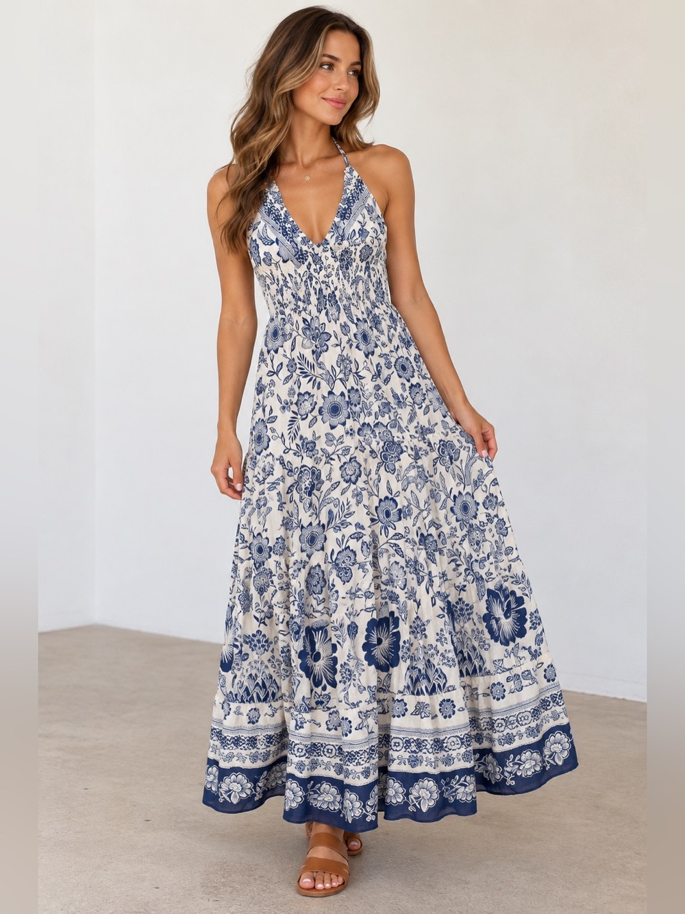 Angie Blue and White Floral Halter Maxi Dress